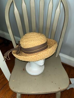 Helen Kaminski Straw Boater Hat with Brown Ribbon